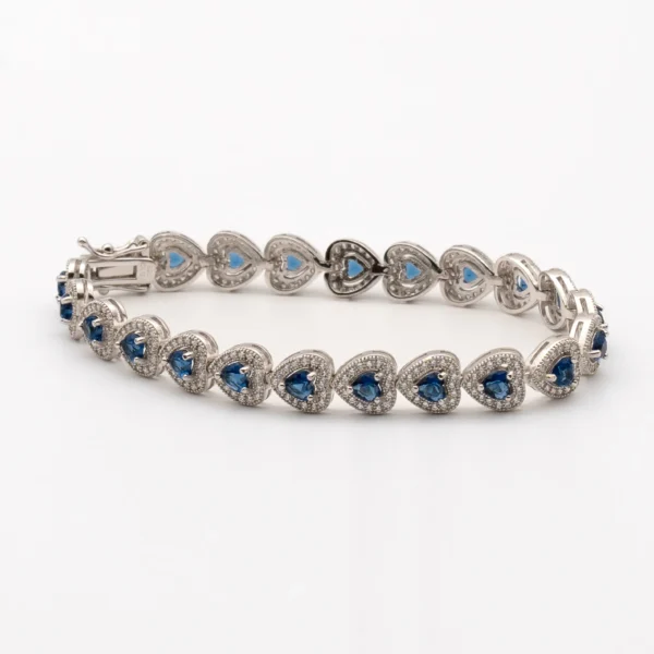 Sapphire Heart: Sapphire and White Heart Silver Tennis Bracelet