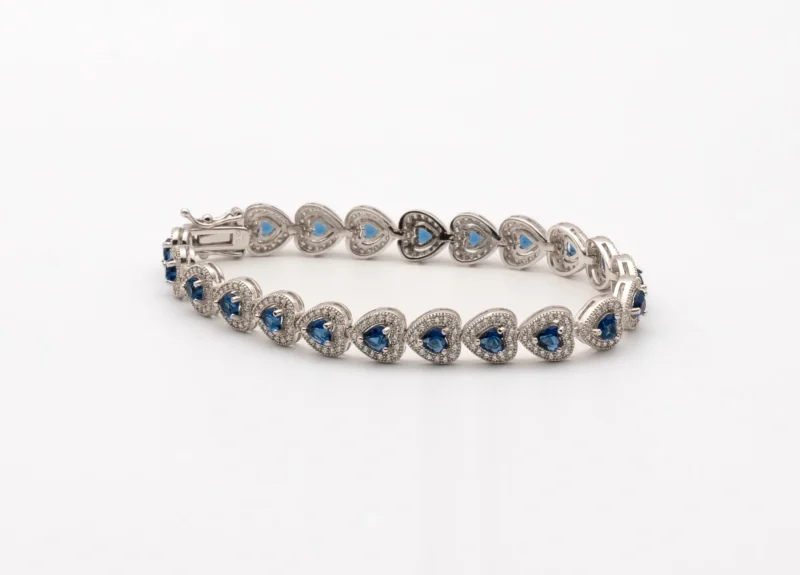 Sapphire Heart: Sapphire and White Heart Silver Tennis Bracelet