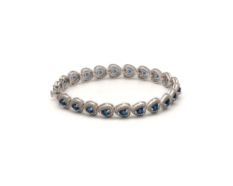 Sapphire Heart: Sapphire and White Heart Silver Tennis Bracelet - Image 4