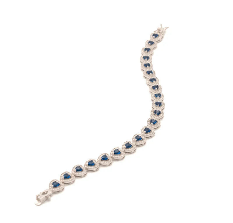 Sapphire Heart: Sapphire and White Heart Silver Tennis Bracelet - Image 5