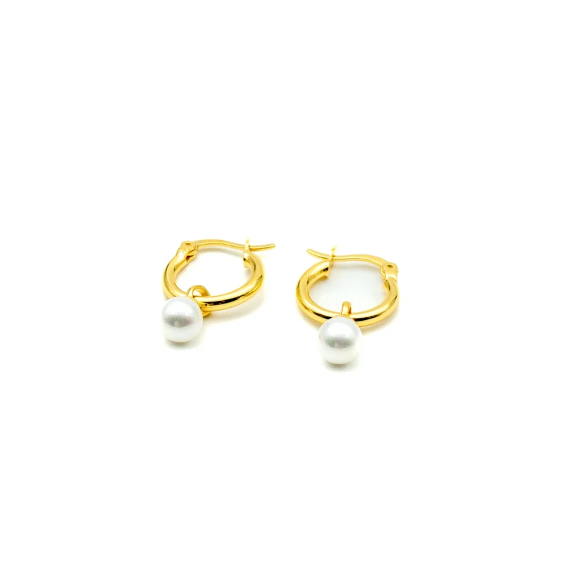 The Pearl II: Sterling Silver Medium Hoops with Dangling Pearl - Image 2