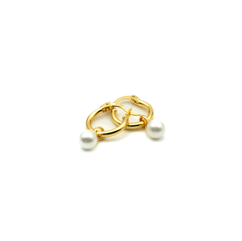 The Pearl II: Sterling Silver Medium Hoops with Dangling Pearl - Image 3