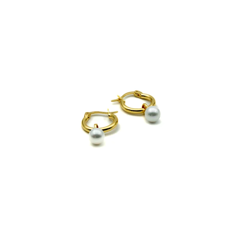 The Pearl II: Sterling Silver Medium Hoops with Dangling Pearl - Image 4
