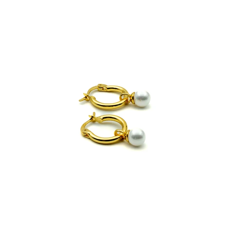 The Pearl II: Sterling Silver Medium Hoops with Dangling Pearl - Image 5
