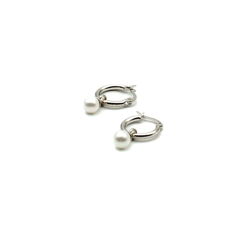 The Pearl II: Sterling Silver Medium Hoops with Dangling Pearl - Image 6