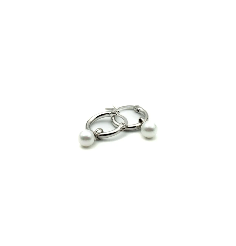The Pearl II: Sterling Silver Medium Hoops with Dangling Pearl - Image 7