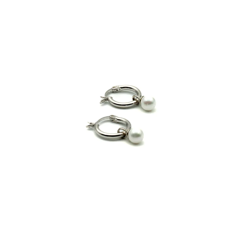 The Pearl II: Sterling Silver Medium Hoops with Dangling Pearl - Image 8