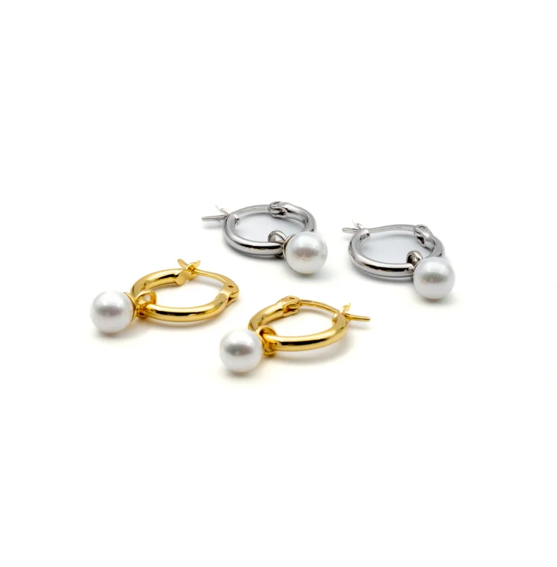 The Pearl II: Sterling Silver Medium Hoops with Dangling Pearl