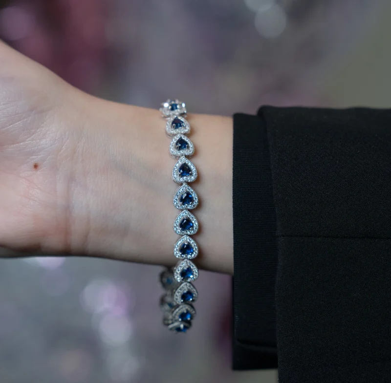 Sapphire Heart: Sapphire and White Heart Silver Tennis Bracelet - Image 6