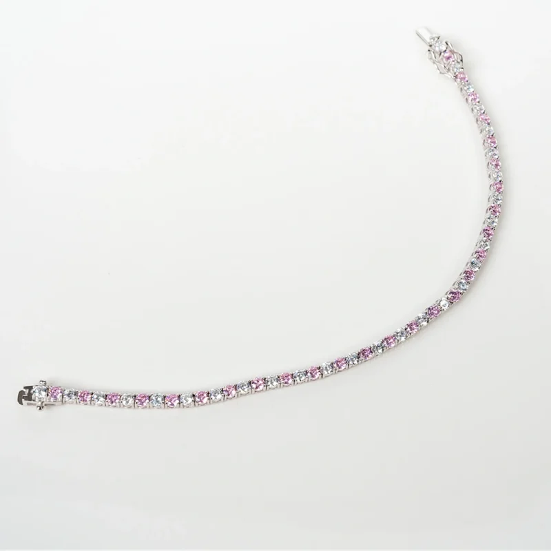 Pink: Pink and White Silver Tennis Bracelet - Image 4