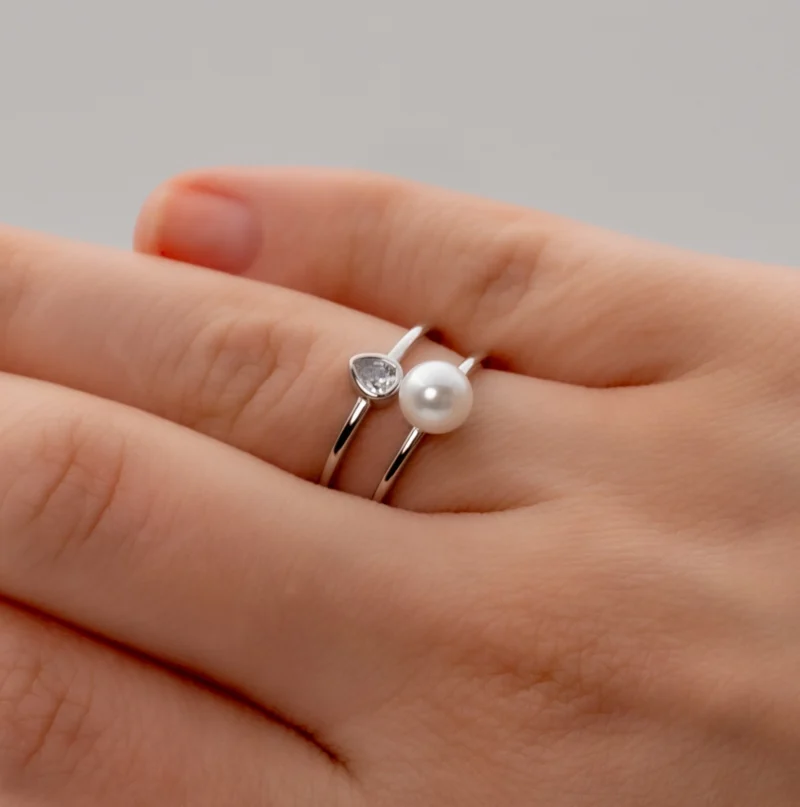 Glitz: Sterling Silver Ring Adjustable Ring with Teardrop Stone and Pearl - Image 6