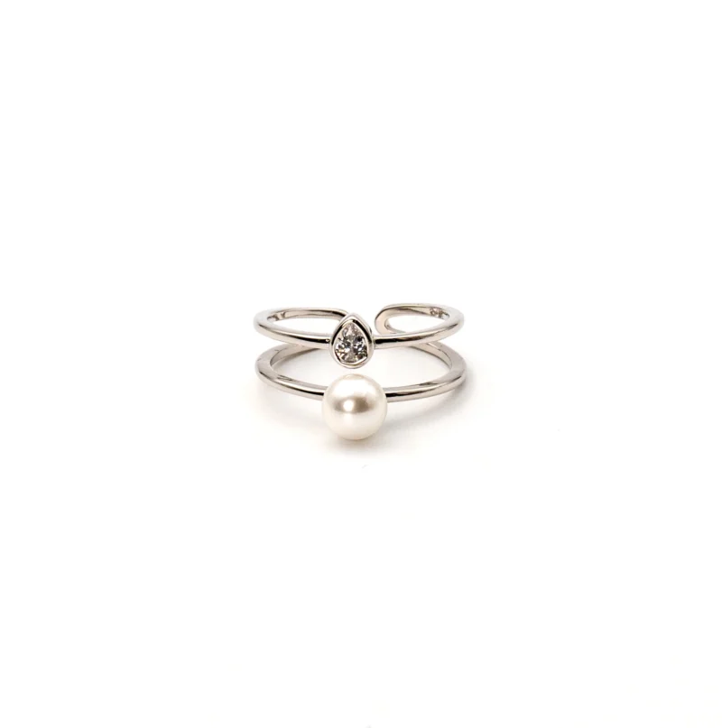 Glitz: Sterling Silver Ring Adjustable Ring with Teardrop Stone and Pearl