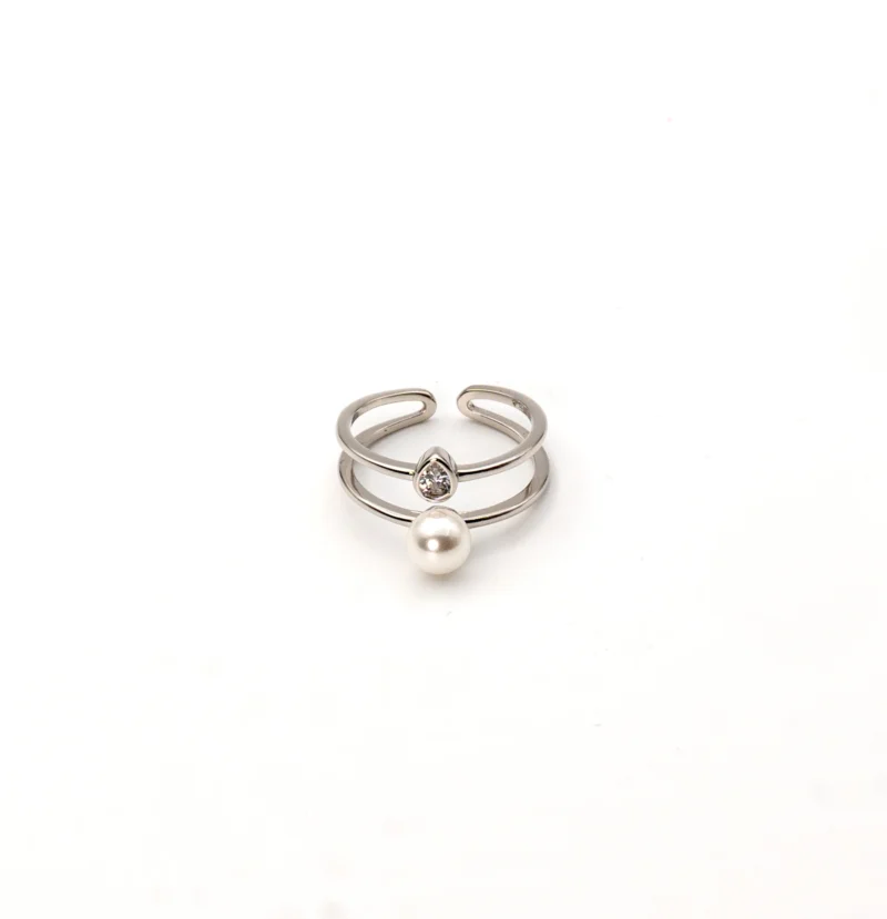 Glitz: Sterling Silver Ring Adjustable Ring with Teardrop Stone and Pearl - Image 4