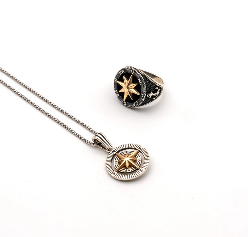 Compass II: Men's Sterling Silver Compass Pendant and Chain