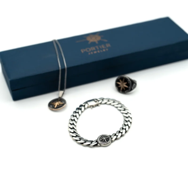 Compass III: Men's Sterling Silver Cuban Link Bracelet with Compass Medallion - Image 7
