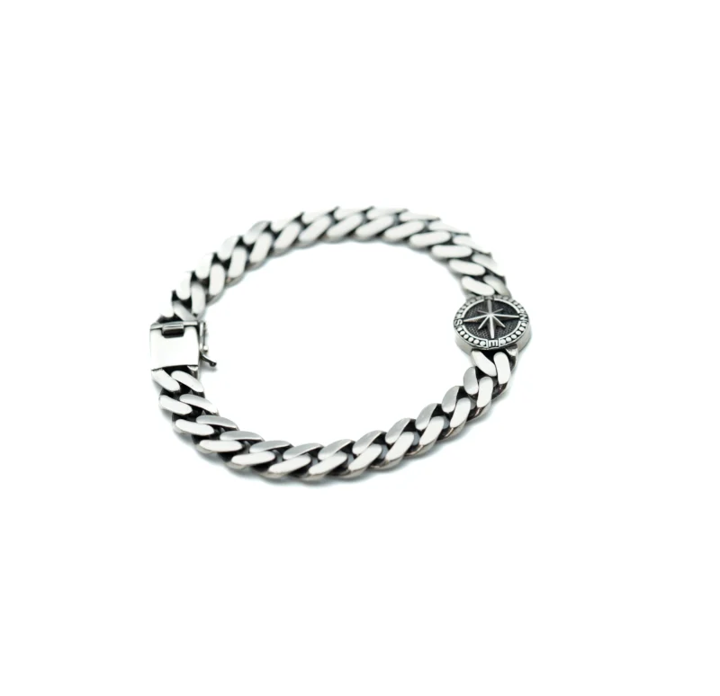 Compass III: Men's Sterling Silver Cuban Link Bracelet with Compass Medallion