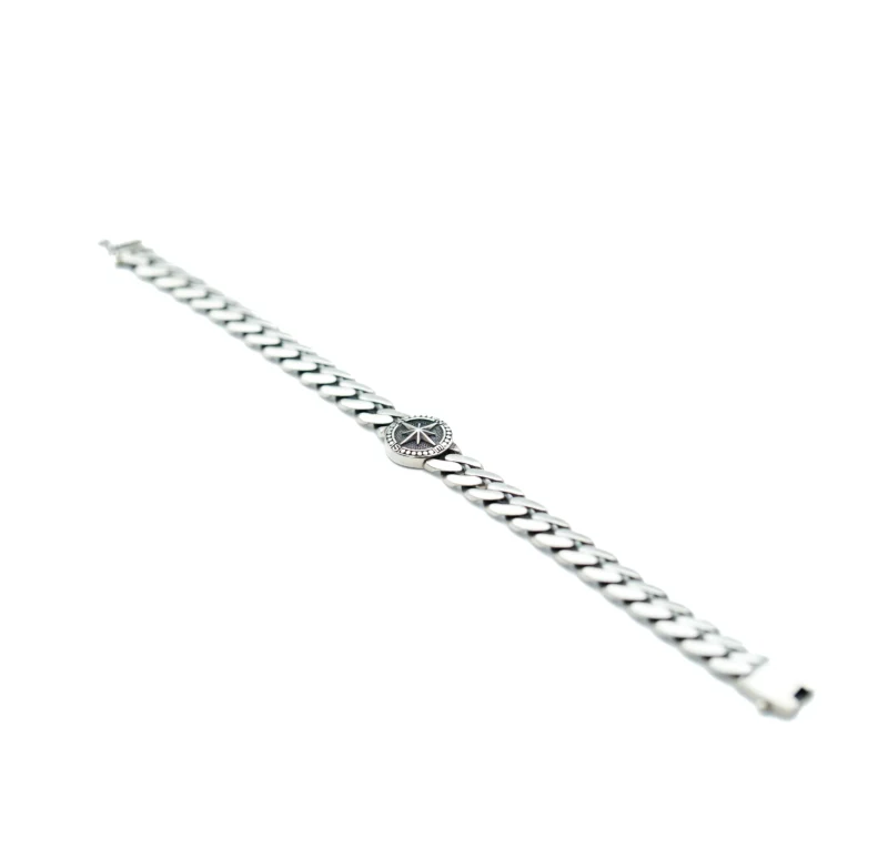 Compass III: Men's Sterling Silver Cuban Link Bracelet with Compass Medallion - Image 4