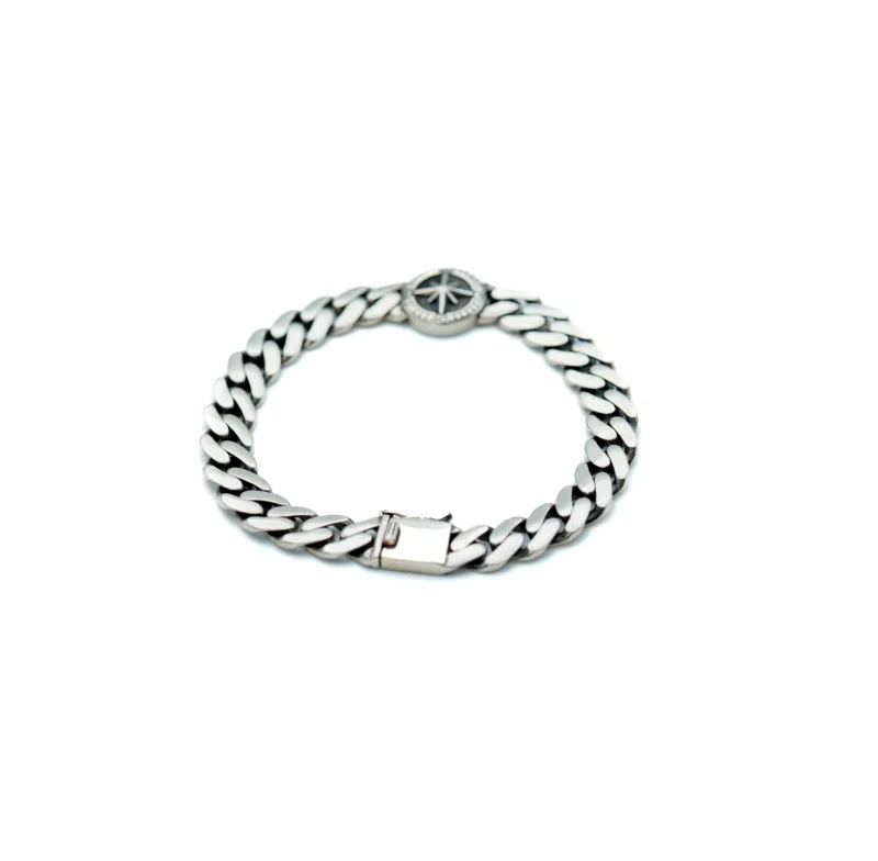 Compass III: Men's Sterling Silver Cuban Link Bracelet with Compass Medallion - Image 6