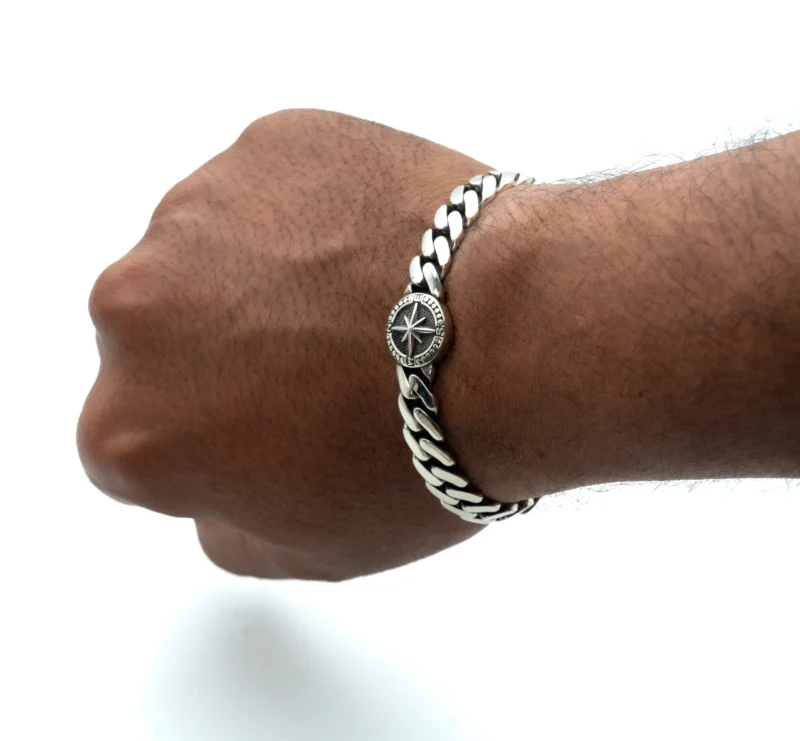 Compass III: Men's Sterling Silver Cuban Link Bracelet with Compass Medallion - Image 2